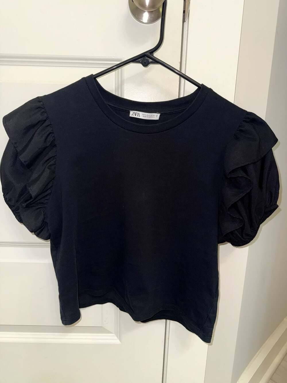 Zara Black Crop Top Ruffle Sleeves Size S